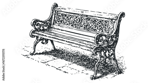 Ornate vintage park bench with decorative scrolled metalwork on paved ground. Vector hand drawn illustration