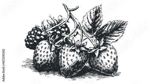 Vintage Style Ink Drawing of Fresh Strawberries and Blackberries on Vine. Vector hand drawn illustration