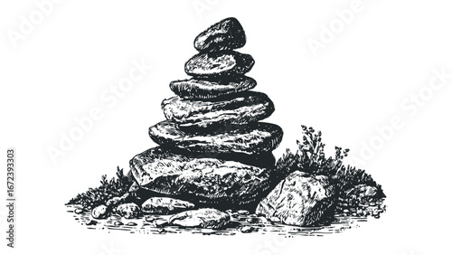 Stacked rough stones balanced on a grassy area with foliage. Vector hand drawn illustration