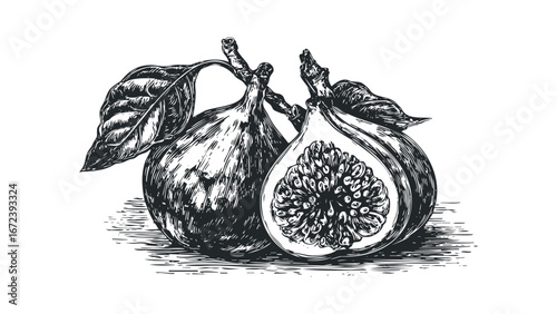 Detailed Woodcut Style Drawing of Two Fresh Figs, One Halved to Reveal Seeds. Vector hand drawn illustration