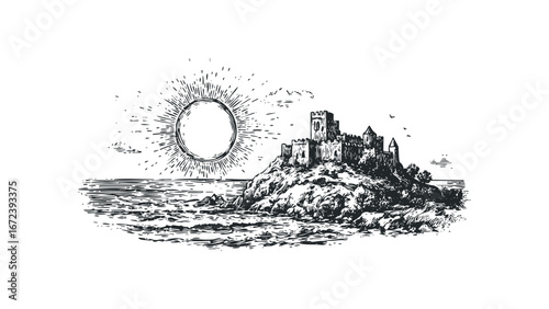 Old stone castle perched on a rocky cliff above wavy ocean with radiant sun. Vector hand drawn illustration