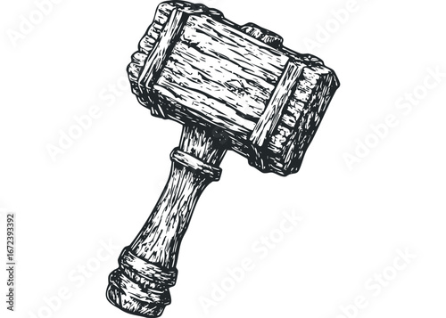 Antique Wooden Gavel with Textured Handle on White Background. Vector hand drawn illustration