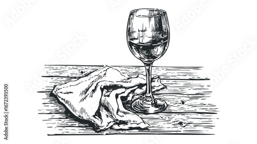 Glass of Wine and Cloth on Textured Wooden Surface. Vector hand drawn illustration