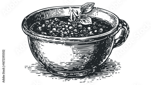 Detailed Woodcut Style Drawing of a Bowl Filled with Round Seeds and a Sprig of Leaves. Vector hand drawn illustration