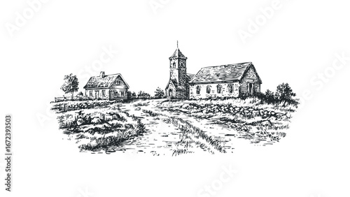 Sketch of Rural Village with Church and House on a Grassy Hillside. Vector hand drawn illustration