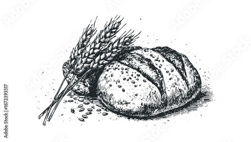 Hand-drawn sketch of whole grain bread loaf with wheat stalks and scattered seeds. Vector hand drawn illustration
