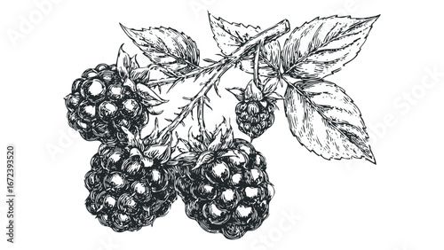 Hand Drawn Blackberries and Leaves on a Branch. Vector hand drawn illustration