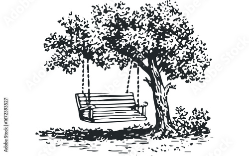 Black and white drawing of a wooden swing hanging from a tree trunk. Vector hand drawn illustration