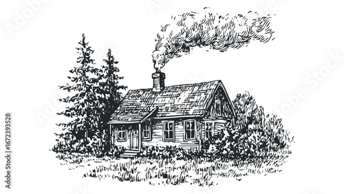 Rustic cabin with smoke billowing from chimney surrounded by trees and foliage. Vector hand drawn illustration