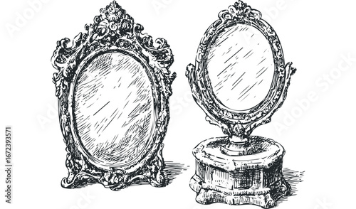 Ornate antique hand mirror and tabletop vanity mirror sketches. Vector hand drawn illustration