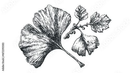 Vintage botanical sketch of Ginkgo Biloba leaves and seeds. Vector hand drawn illustration