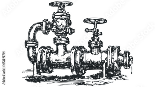 Antique industrial piping with two control valves. Vector hand drawn illustration