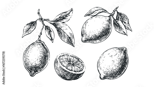 Vintage sketch of lemons with leaves and a half lemon slice. Vector hand drawn illustration