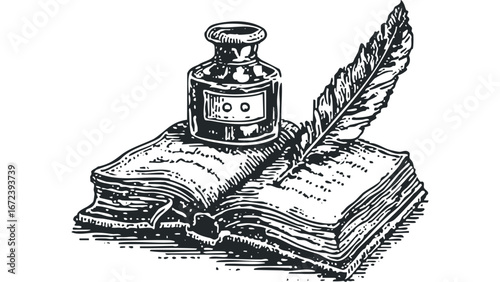 Open book with quill pen and ink bottle vintage engraving. Vector hand drawn illustration