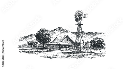 Rustic farm scene with wooden house and windmill against mountain backdrop. Vector hand drawn illustration