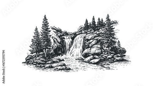 Detailed pen and ink sketch of a waterfall cascading over large rocks surrounded by pine trees. Vector hand drawn illustration