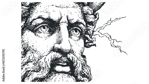 Monochromatic ancient bearded man's face with dramatic expression and abstract jagged lines. Vector hand drawn illustration