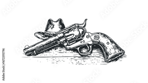 Vintage revolver and cowboy hat on distressed wood surface drawing. Vector hand drawn illustration