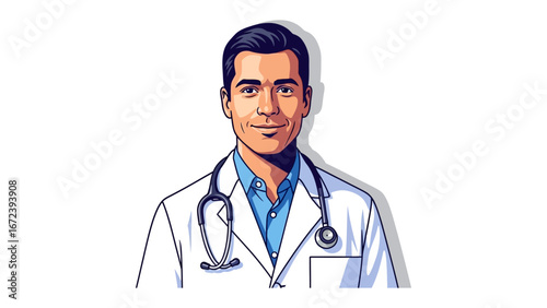 Expert's Approach: A friendly and confident medical professional, with a stethoscope draped over his shoulders. This image embodies trust and healthcare expertise. 