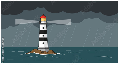 Lighthouse Shining Light During Storm at Sea