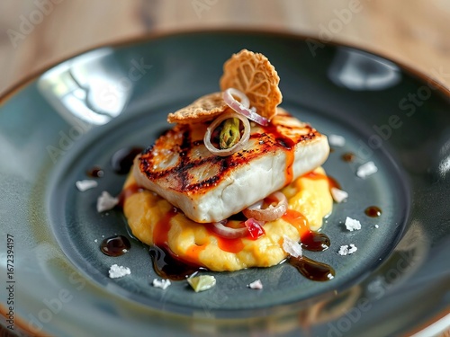 Elegant grilled fish fillet on a bed of creamy puree with garnishes on a dark plate