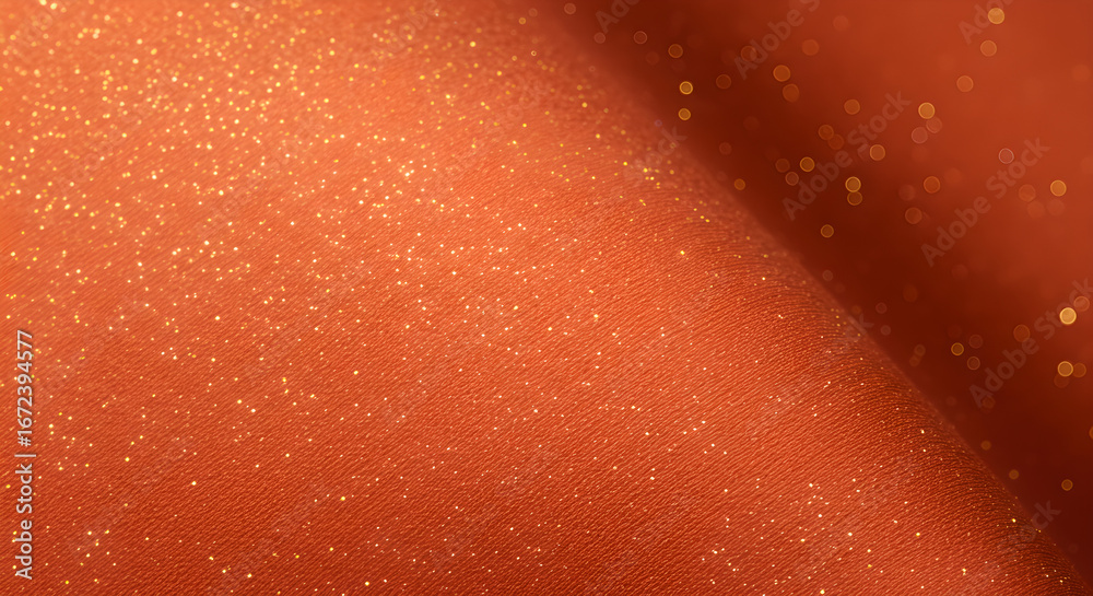 Fototapeta premium Shimmering Rust Orange Fabric with Golden Glitter and Elegant Folds, Creating a Luxurious and Festive Background Texture