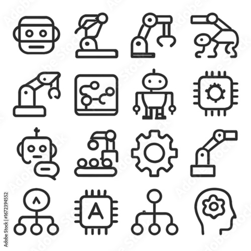A versatile set of line art icons depicting artificial intelligence, advanced robotics, and industrial automation, perfect for modern technological designs.