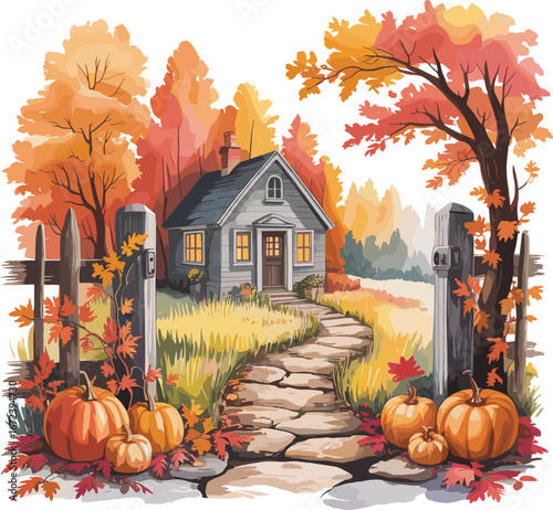 Cozy autumn cottage scene, pumpkins on path, watercolor fall landscape, warm harvest setting, rustic home illustration, seasonal countryside art
