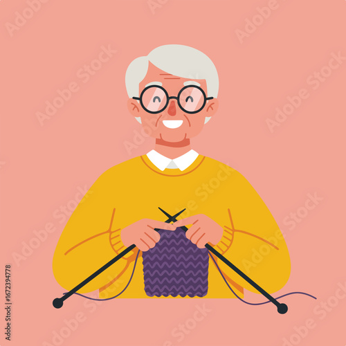 Elderly Person Knitting At Home With Yarn And Needles In Hand Hobby