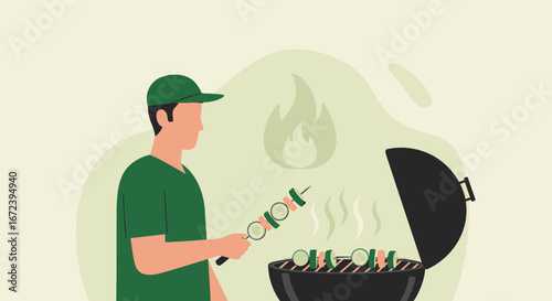 A Man Grilling Kebabs On The Barbecue For A Relaxing Outdoor Gathering
