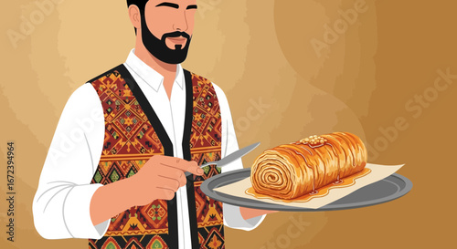 A Man in Ethnic Garments Presents Delicious Baklava on a Silver Plate