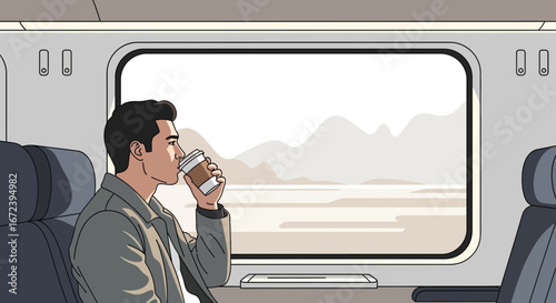A Man Is Enjoying A Beverage While Taking A Train Journey And Looking Out The Window