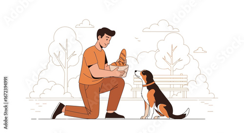 A Man Offering Bread to His Dog in a Park While Enjoying Outdoor Time Together