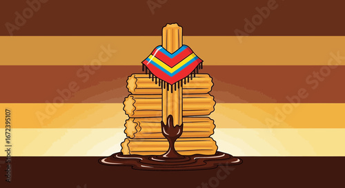 A Mexican Snack Celebration Depicting Golden Churros Drenched in Chocolate Sauce