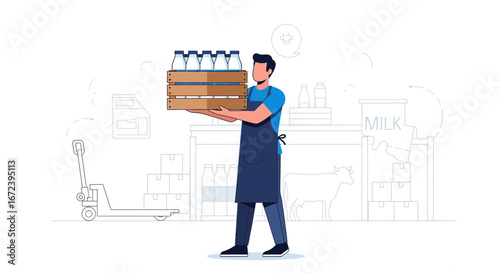 A Milkman Carrying a Wooden Crate Full of Milk Bottles in a Dairy Farm Illustration