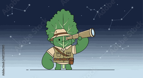 A Cartoon Character Gazes At Stars With A Telescope Under A Beautiful Night Sky