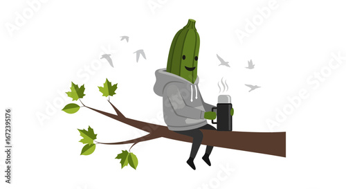 A Cartoon Character, Sipping Delicious Beverage While Sitting On A Tree Branch and Enjoying the