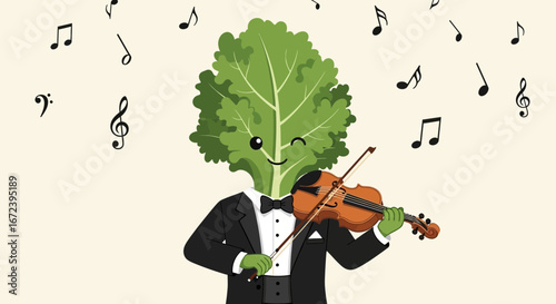 A Musical Vegetable Performing a Symphony of Melodies With a Violin Very Happy