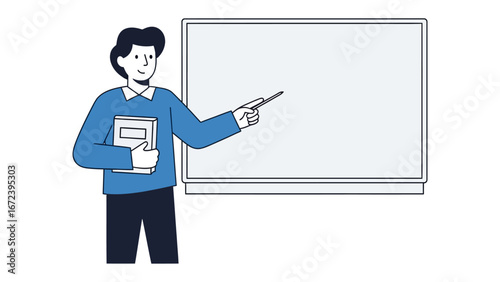 The Instructor's Presentation: A poised instructor, poised and in action, uses a pointer and a reference book to deliver a lesson or explain a concept, standing confidently before a blank whiteboard.