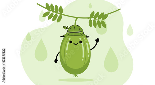 A Charming Illustration of a Green Fruit Character Wearing a Hat Under the Leaves