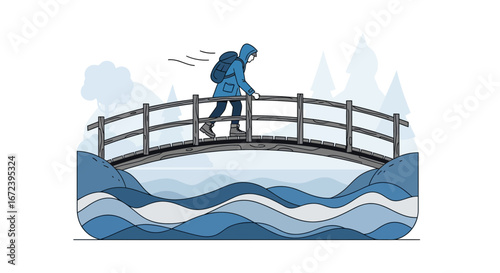 A Person Crossing Over A Wooden Bridge In A Cool Minimalist Style Illustration