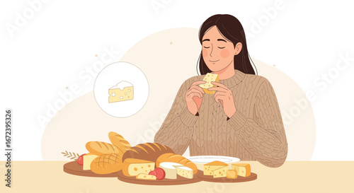 A Person Enjoying Cheese and Bread, An Illustration Depicting a Culinary Moment
