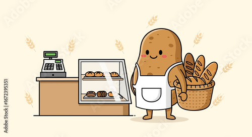A Charming Potato Baker Holding Baskets Of Bread In A Bakery Setting Illustration