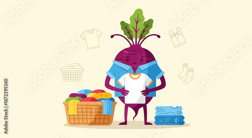 A Cheerful And Adorable Radish Person Demonstrating Laundry Washing And Folding Skills