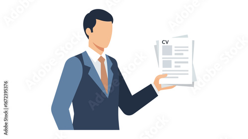 Job Applicant Holding Resume: A clean, modern illustration of a suited figure holding a resume, embodying career aspirations and professional ambition. 