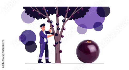 A Person Harvesting Jabuticaba Fruits from a Tree in a Modern Illustrative Style