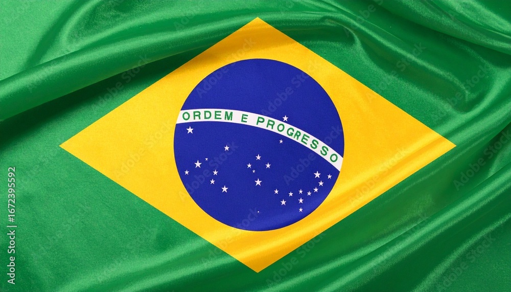 Fototapeta premium Brazilian flag with green field, yellow diamond, blue globe, and white stars.