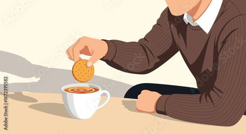 A Person Preparing Sweet Biscuit To Be Dipped In A Cup Of Tea During Breaktfast