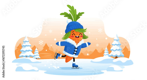 A Cheerful Carrot Character Gliding Across The Ice, Enjoying Winter's Serenity