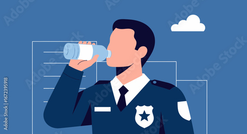 A Policeman Drinks Water While On Duty During A Sunny Day, Vector Illustration